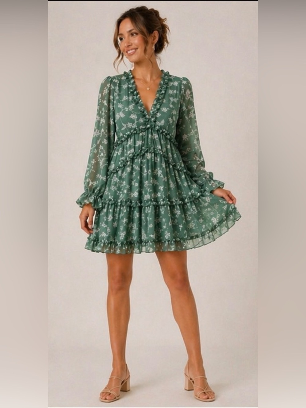 Aura Floral Ruffle Mini Dress Sage Green Boho Open Back Long Sleeve Large - Picture 2 of 15